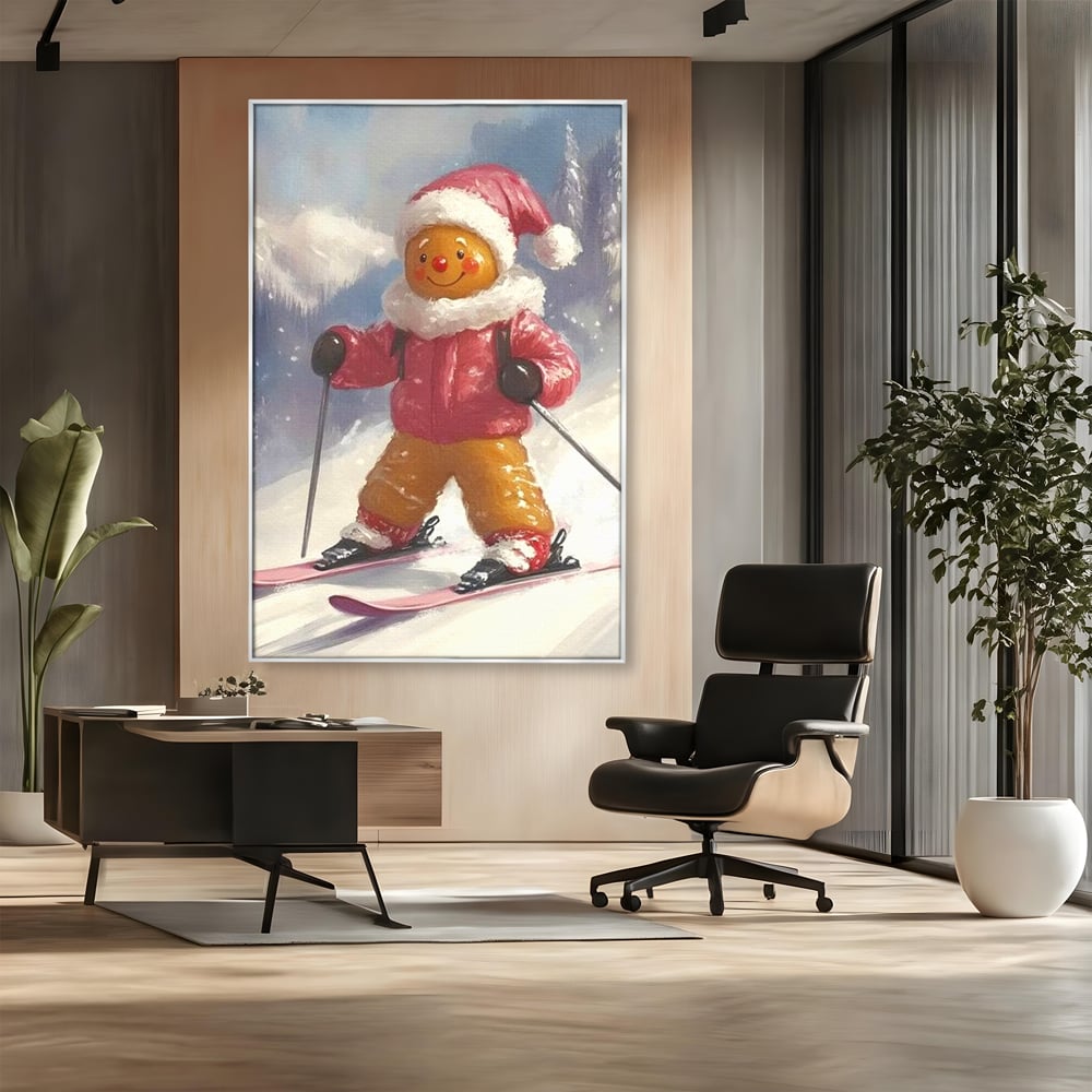 Tablou canvas cu turtita dulce schioare, in rama de aluminiu argintiu, pe perete intr-un birou